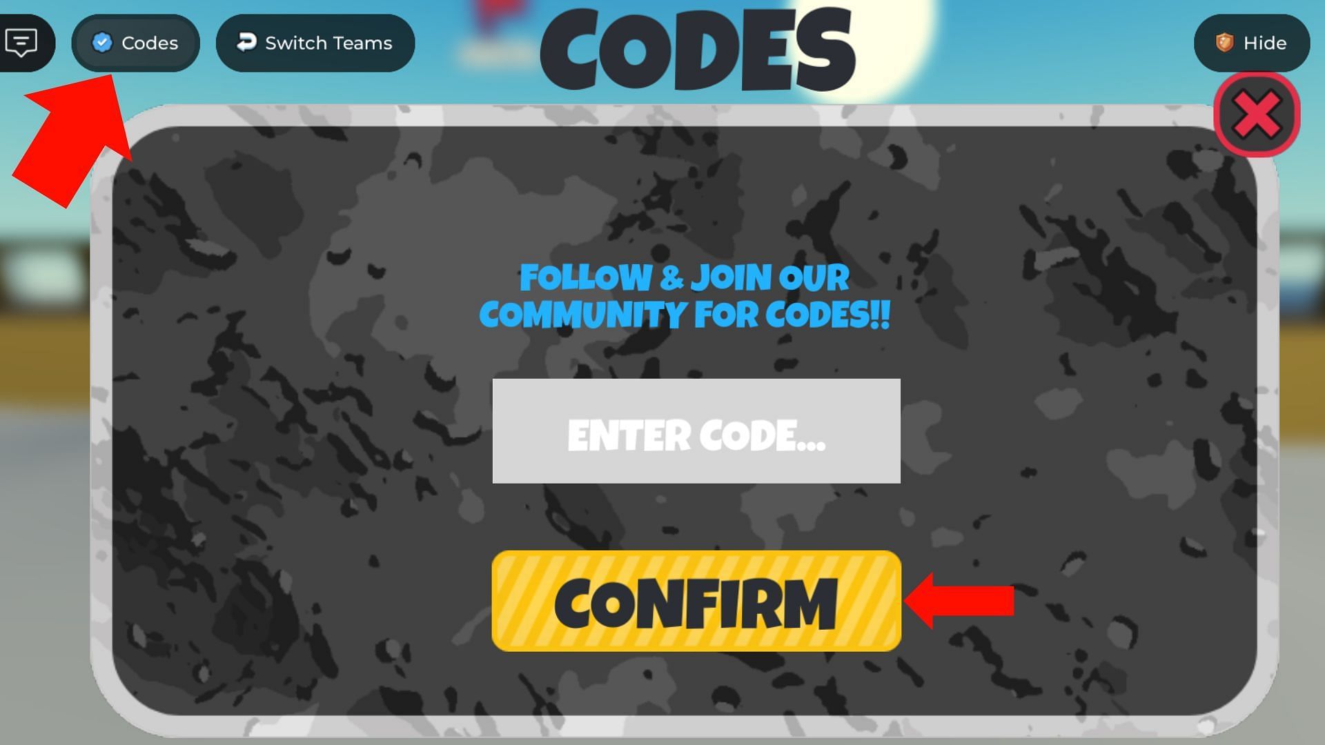 The Codes button is at the top of the screen (Image via Roblox)